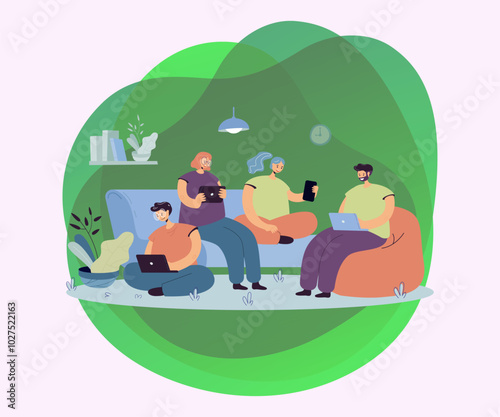 Group of friends with digital devices meeting at home, sitting together. People using laptops, tablet, mobile phone for internet and social media browsing, For communication, public access concept
