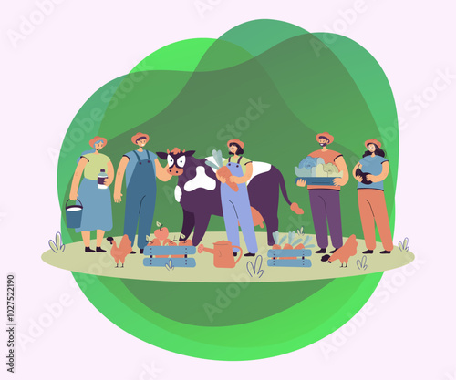 Group happy farmers keeping cow and poultry, gathering harvest, holding crates with fruits and vegetables. Vector illustration for countryside workers, agriculture, farming, fresh food concept