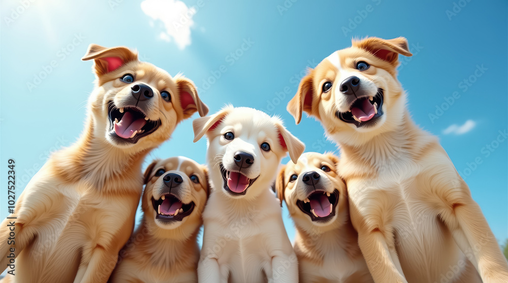 A group of five puppies sits together under a clear blue sky, their tails wagging and mouths open in happy smiles, radiating joy on a bright day A group of five puppies sits together under a clear blue sky, their tails wagging and mouths open in happy smiles, radiating joy on a bright day