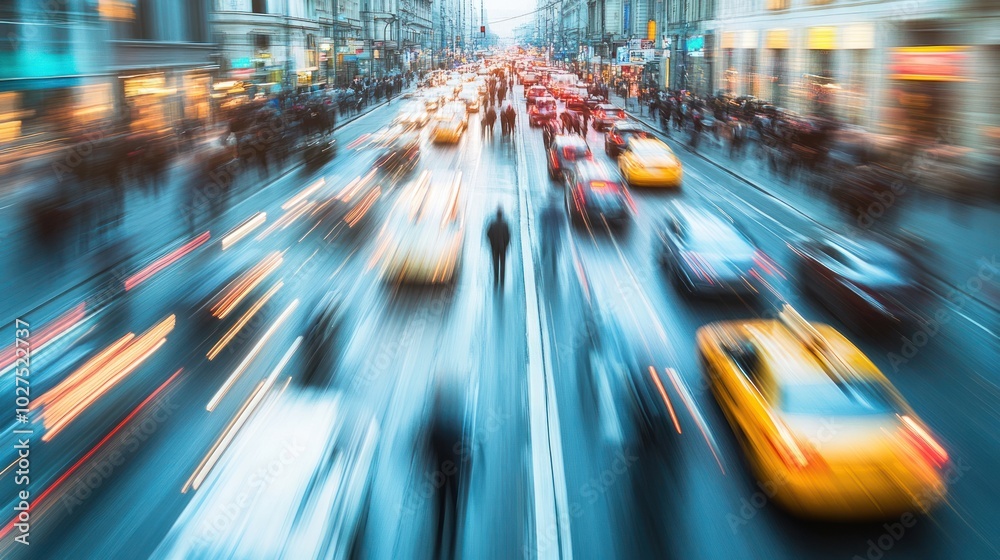 Crowded road with blurry people, showcasing a street filled with a mix of cars and pedestrians in motion, their outlines blurred to represent the busy nature of the city.