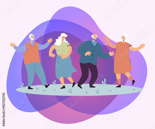 Happy senior people enjoying outdoor party. Group of mature friends celebrating event, having fun together. Vector illustration for retired age, hobby, joy, retirement, leisure concept