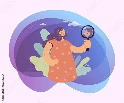 Happy woman looking at herself in mirror, smiling, admiring reflection. Vector illustration for female narcissism, overgrown ego, self love concept