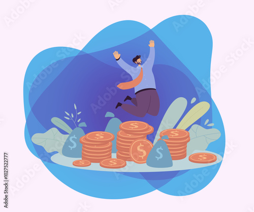 Happy millionaire jumping near pile of coins flat vector illustration. Cartoon businessman or banker celebrating income growth. Finance and stock market concept
