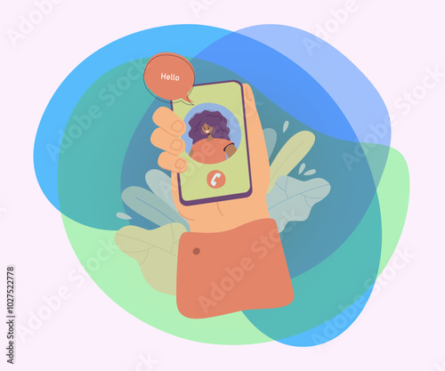 Happy woman greeting from mobile phone screen in hand flat vector illustration. Cartoon male hand holding smartphone. Video call and digital technology concept