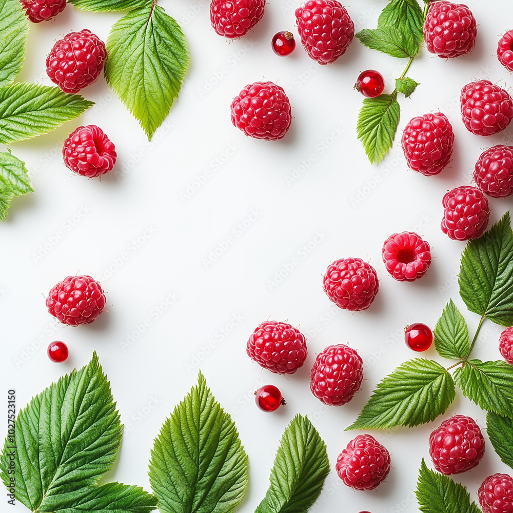 Beautiful Ripe Raspberries with Green Leaves on White Background Beautiful Ripe Raspberries with Green Leaves on White Background