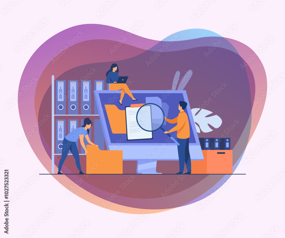 Obraz premium Office workers organizing data storage and file archive on server or computer. PC users searching documents on database. Vector illustration for information technology, source concept