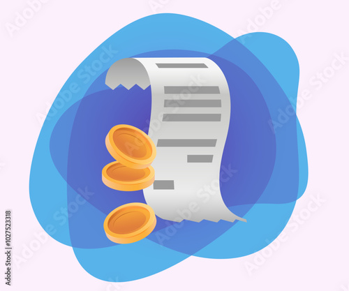 Paper receipt and gold coins 3D icon. Receipt and cash, document, cheque from shop, restaurant or cafe 3D vector illustration on abstract background. Finances, payment, business, shopping concept