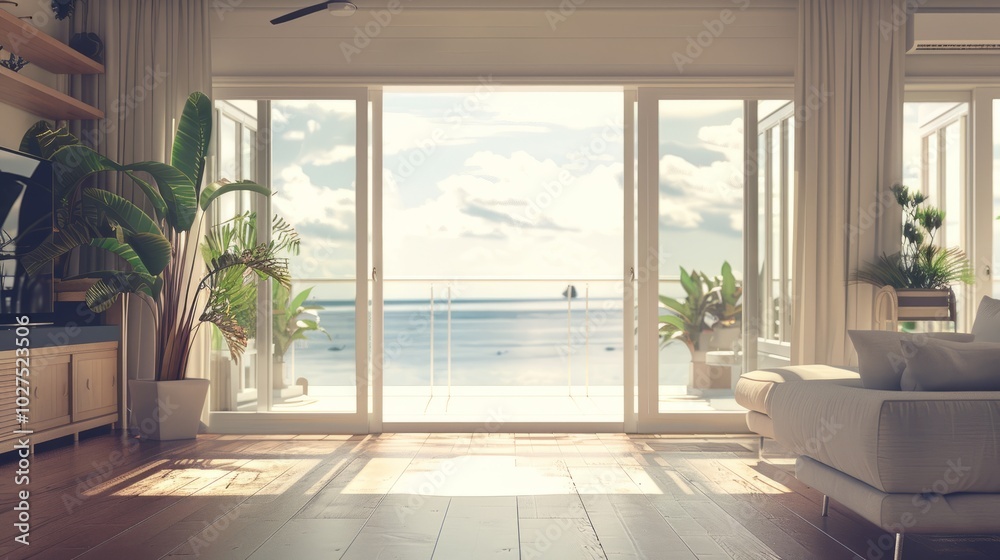 Interior of modern living room with sea view. Interior of modern living room with sea view.