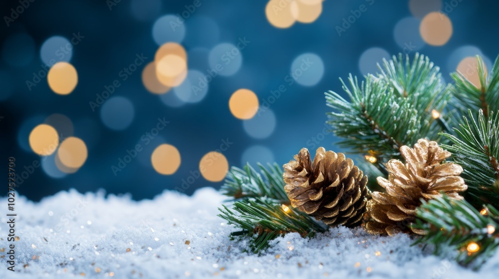 Christmas tree with fir cones and beautyful lights bokeh background. Space for text. Copy space. Greeting card. Christmas tree with fir cones and beautyful lights bokeh background. Space for text. Copy space. Greeting card.