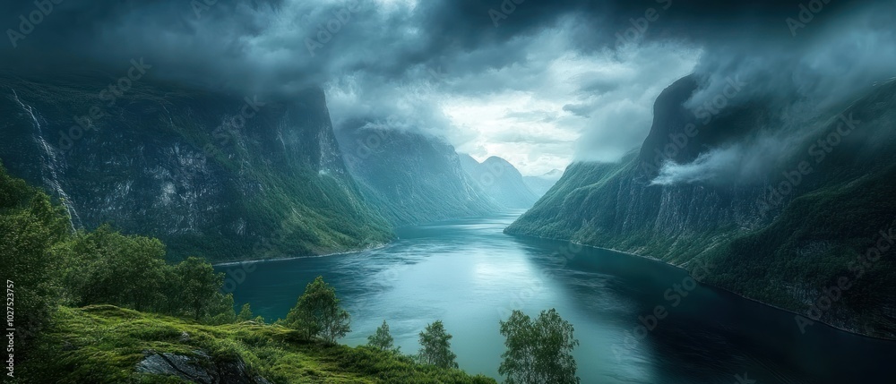 Fototapeta premium Dramatic View of a Fjord Surrounded by Mountains and Clouds