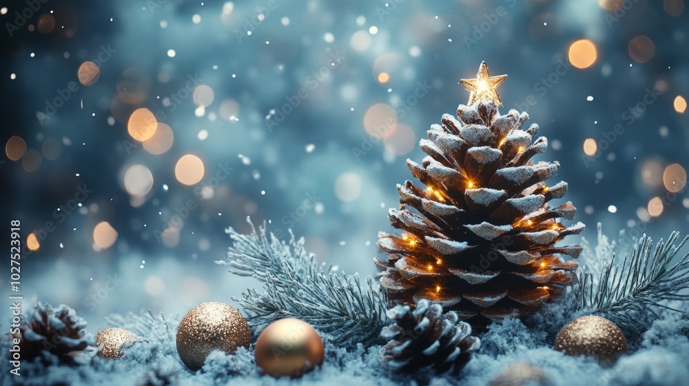 Christmas tree with fir cones and beautyful lights bokeh background. Space for text. Copy space. Greeting card. Christmas tree with fir cones and beautyful lights bokeh background. Space for text. Copy space. Greeting card.