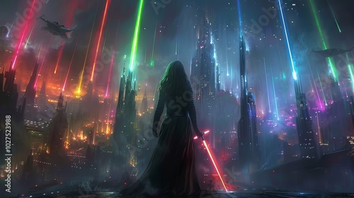 Cloaked figure with glowing lightsaber amidst neon-lit cityscape