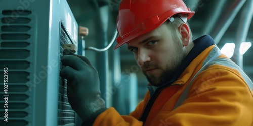 An engineer in a red helmet diligently works on an industrial machine, showcasing his expertise and focus in maintaining complex equipment in a factory setting. photo