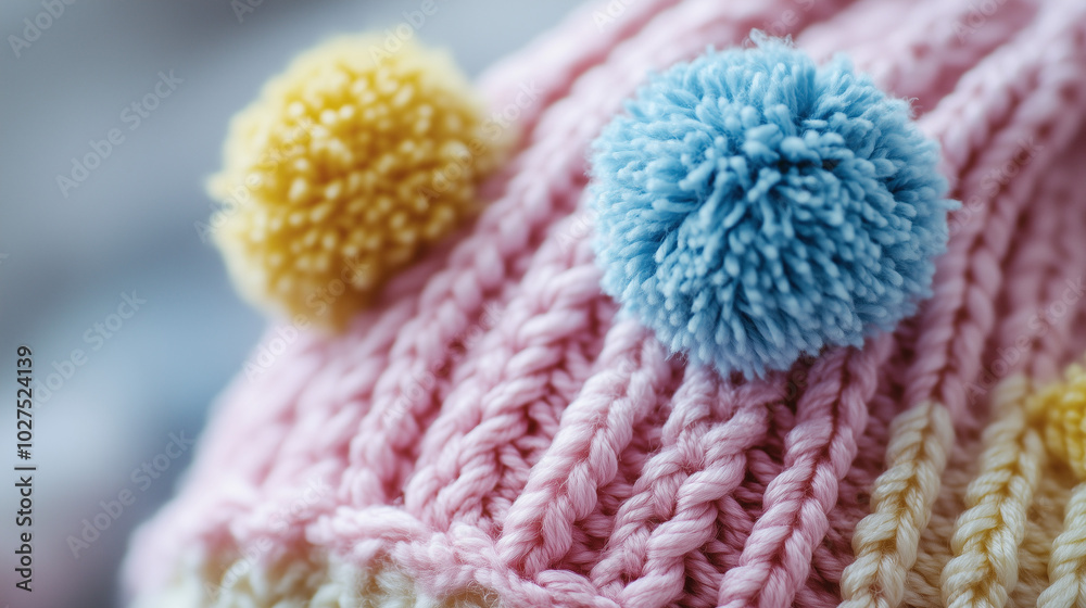 Close-up. Colorful knitted hat with pom-poms. Close-up. Colorful knitted hat with pom-poms.