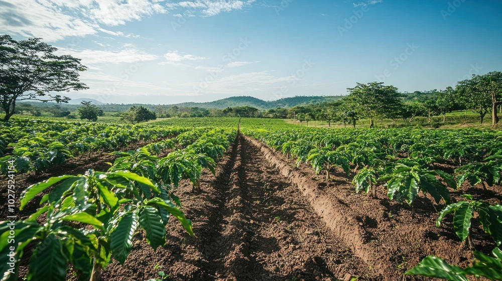 Eco-friendly coffee plantation, showcasing a coffee farm that uses sustainable methods, minimizing chemical inputs, and prioritizing biodiversity Eco-friendly coffee plantation, showcasing a coffee farm that uses sustainable methods, minimizing chemical inputs, and prioritizing biodiversity