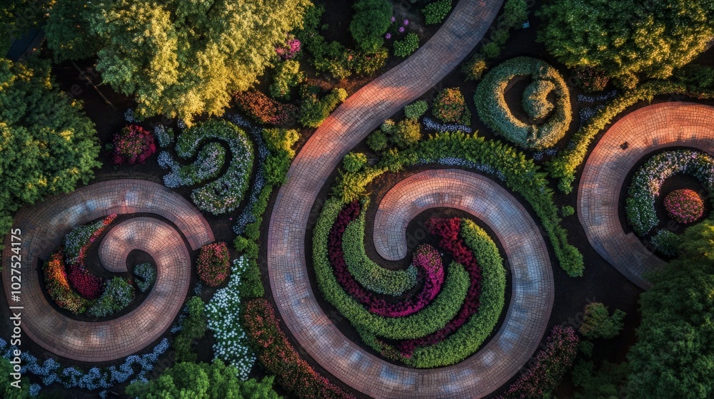 Enchanting Spiral Garden Paths Amid Lush Foliage Enchanting Spiral Garden Paths Amid Lush Foliage