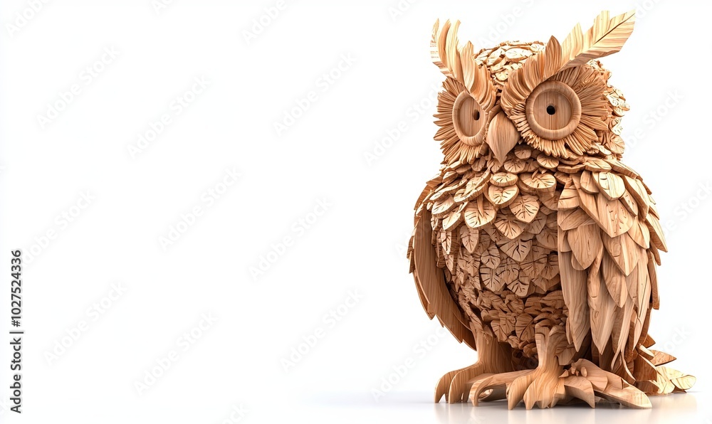 Obraz premium A 3D render of a wooden owl sculpture with detailed feathers and large eyes on a white background.
