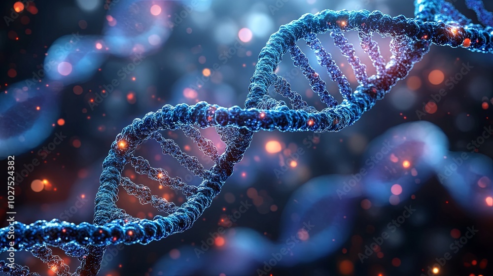 A 3D rendering of a DNA double helix with a blue glow and red glowing particles in the background. A 3D rendering of a DNA double helix with a blue glow and red glowing particles in the background.