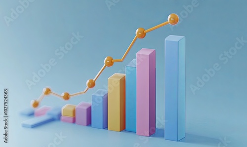 A 3D rendering of a bar graph with a line graph showing upward growth on a blue background.