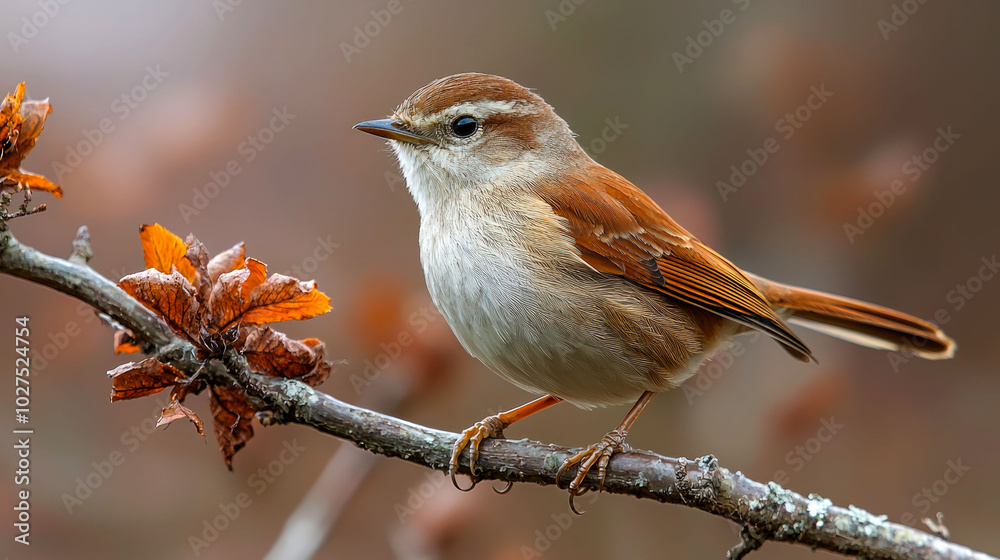 A brown bird perched on a branch with leaves. A brown bird perched on a branch with leaves.