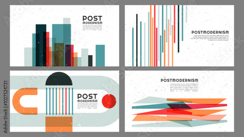 Vector illustration. Geometric simple shapes background. Dynamic abstract flat mid-century style. Design elements of web banner, website template, horizontal wall art. Retro old color composition