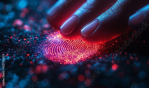 A close-up of a fingertip scanning a digital fingerprint, with glowing red lines and a blue-tinged background.