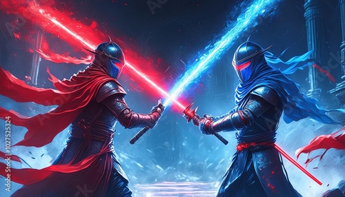 Two knights with red and blue lightsabers battling in a futuristic setting