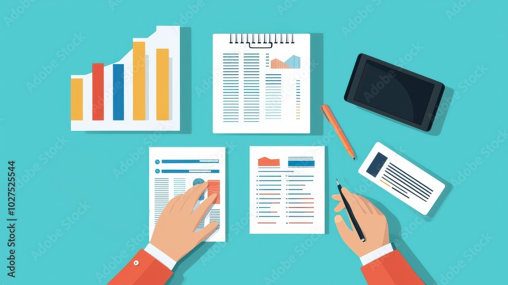 A workspace with graphs and reports, showcasing data analysis with hands reviewing documents and a smartphone on a teal background.