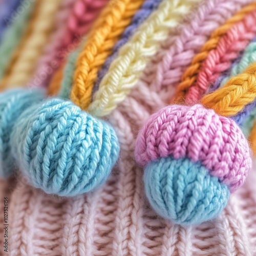Close-up. Colorful knitted hat with pom-poms.