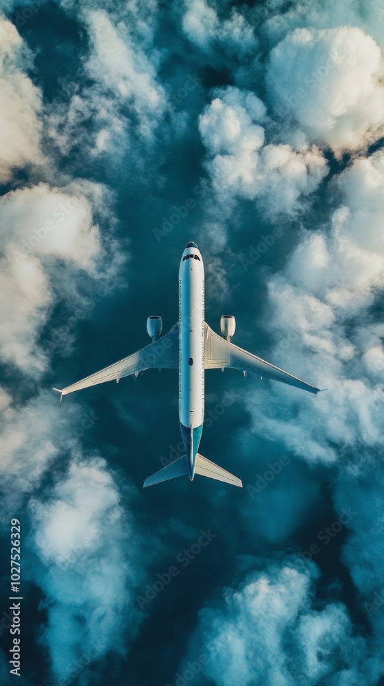 Fototapeta premium Airplane Flying Through White Clouds in Blue Sky