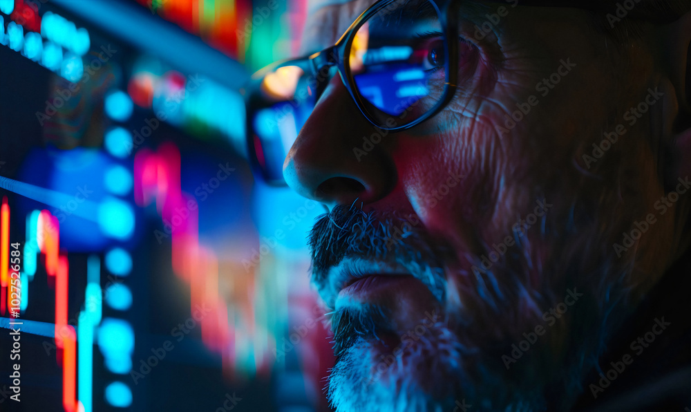 Senior market analyst studying data on computer displays