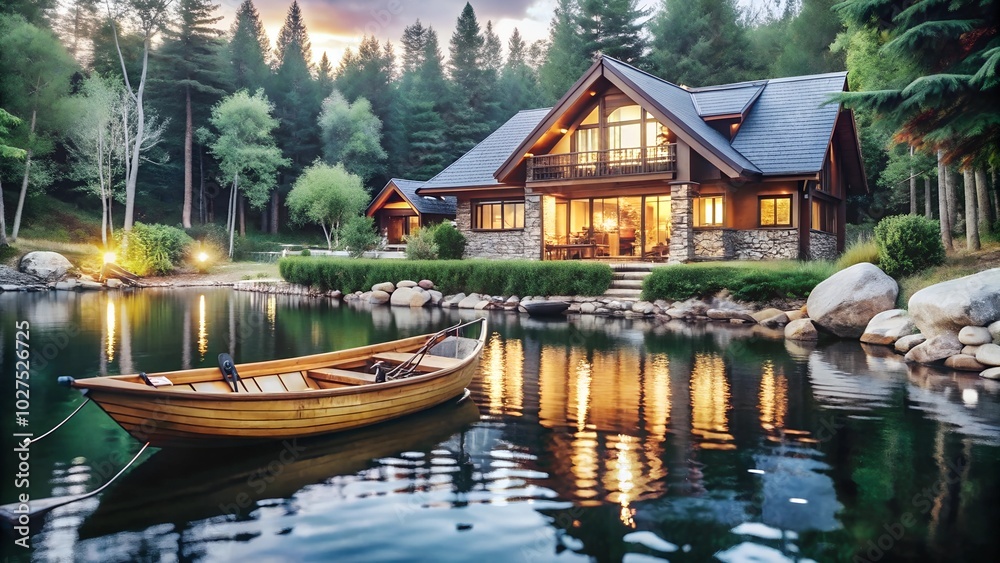 a lonely house, illuminated in the coming darkness, on the shore by the lake with a moored boat at the shore a lonely house, illuminated in the coming darkness, on the shore by the lake with a moored boat at the shore