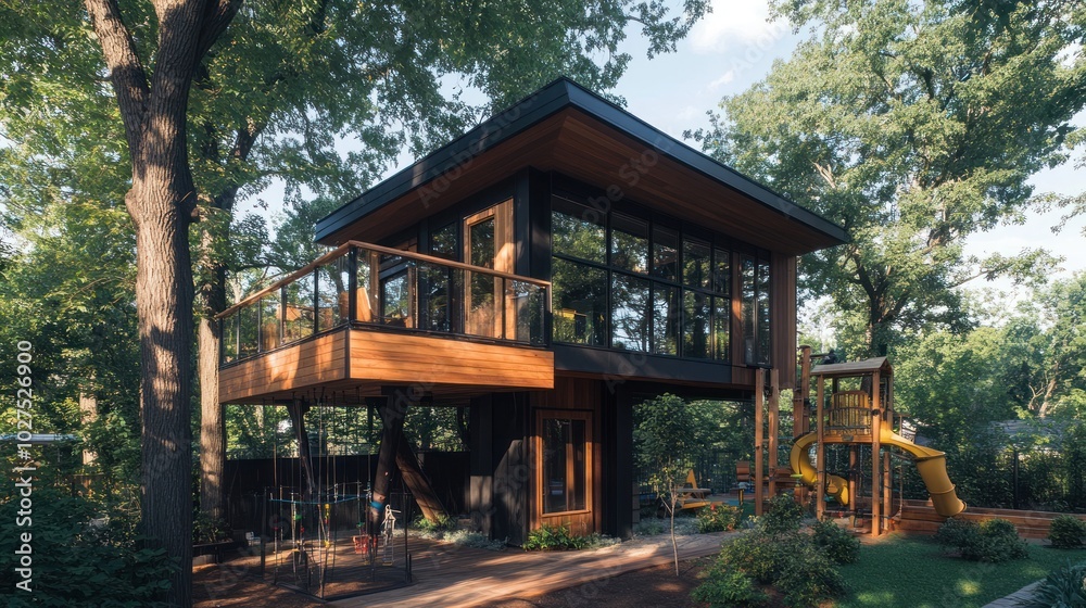Family home with custom-built treehouse or outdoor play area, depicting a family-friendly home with a creative outdoor space, Family home with custom-built treehouse or outdoor play area, depicting a family-friendly home with a creative outdoor space,