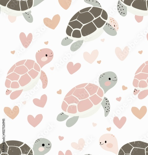 Cute turtles with hearts illustration seamless pattern
