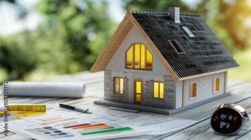 Family home with energy-efficient features, showcasing a home equipped with insulated windows, energy-saving appliances, 