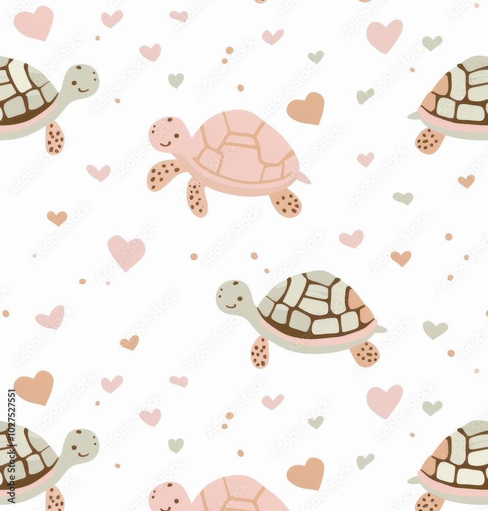 Fototapeta premium Cute turtles with hearts illustration seamless pattern