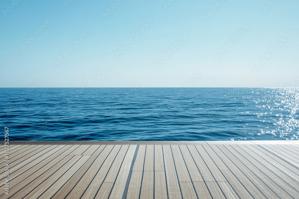 Obraz premium A photograph of the deck from behind, looking out over an ocean view on a luxury yacht in white and wood with no people, a blue sky, clean and minimalistic, bright, taken during the day