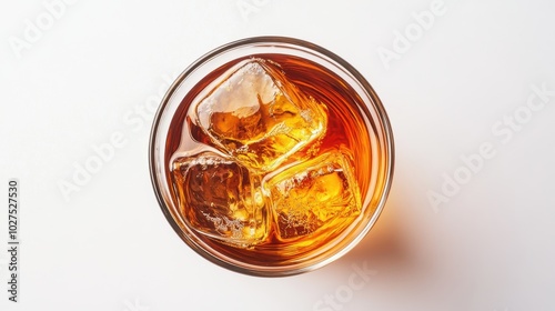 Top View of Whiskey with Ice Cubes in Glass