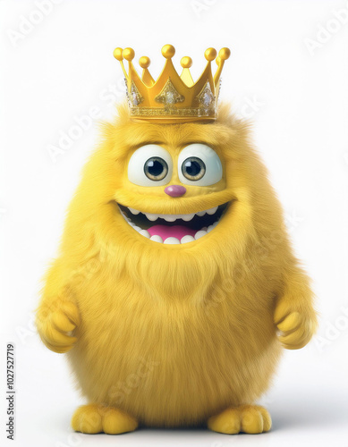 Behold the majestic Fluffy King! A cheerful, yellow monster, crowned and smiling, radiates joy. A delightful 3D rendering.