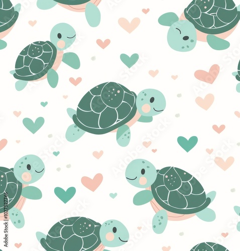 Cute turtles with hearts illustration seamless pattern