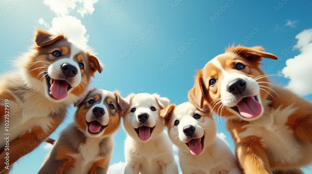 A cheerful group of five puppies with varying fur colors plays together in a sunny setting, displaying their playful nature against a bright blue sky with clouds A cheerful group of five puppies with varying fur colors plays together in a sunny setting, displaying their playful nature against a bright blue sky with clouds