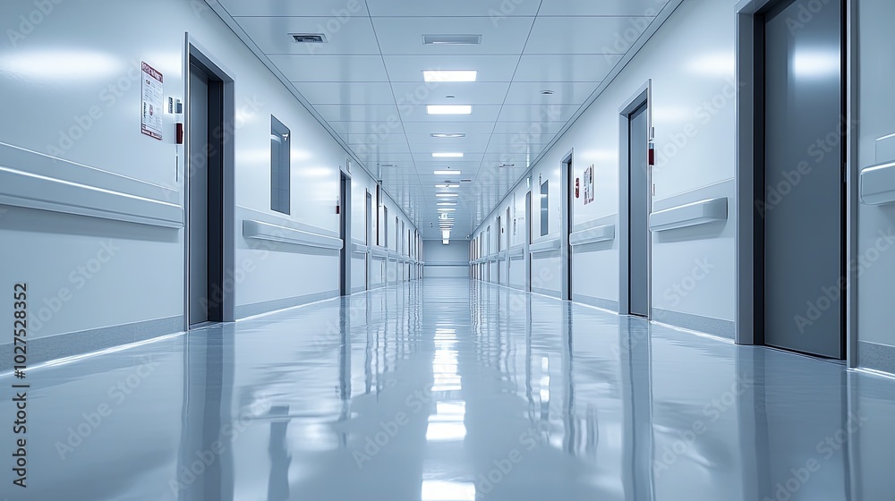A long, empty hallway with white walls and a shiny floor. There are doors on both sides of the hallway and a light at the end of the hall. A long, empty hallway with white walls and a shiny floor. There are doors on both sides of the hallway and a light at the end of the hall.