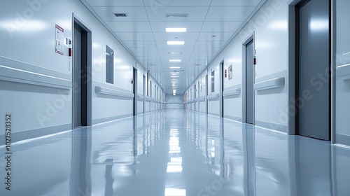 A long, empty hallway with white walls and a shiny floor. There are doors on both sides of the hallway and a light at the end of the hall.