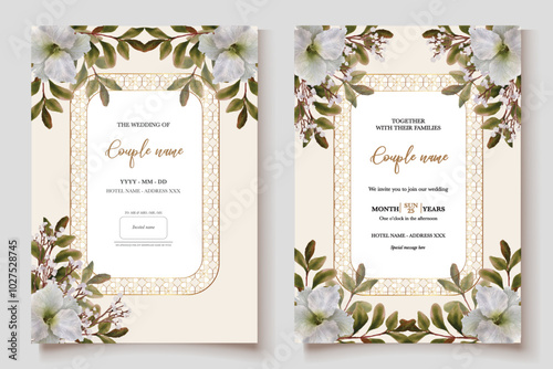 WEDDING INVITATION FRAME WITH FLOWER DECORATIONS WITH FRESH LEAVES 