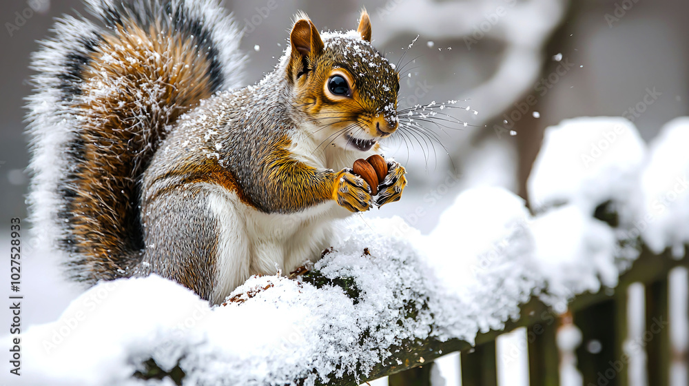 Fototapeta premium A cute squirrel sitting on a snow-covered fence, eating a nut, with snow falling around it.