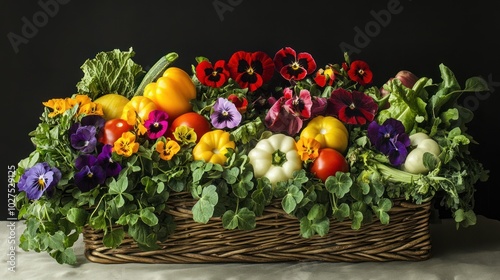 Fresh vegetable basket with edible flowers, depicting a basket of vegetables enhanced by vibrant edible flowers like nasturtiums and pansies, adding a gourmet touch to the arrangement.