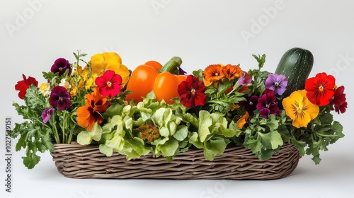 Fresh vegetable basket with edible flowers, depicting a basket of vegetables enhanced by vibrant edible flowers like nasturtiums and pansies, adding a gourmet touch to the arrangement. photo