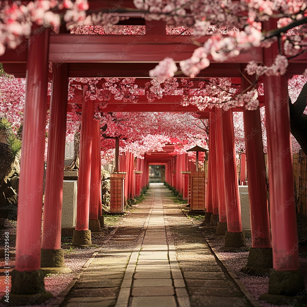 Fototapeta premium A serene path lined with vibrant cherry blossoms and traditional red torii gates, creating a tranquil atmosphere reminiscent of Japanese culture.