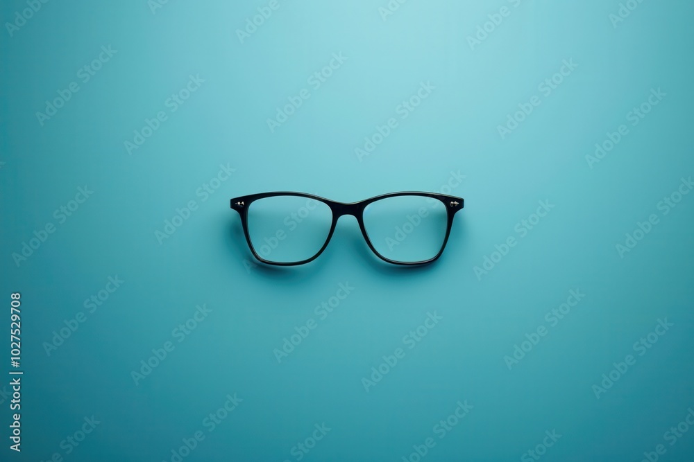 A pair of black eyeglasses is placed centrally on a bright blue surface, highlighting its contemporary design and clear lenses. Generative AI A pair of black eyeglasses is placed centrally on a bright blue surface, highlighting its contemporary design and clear lenses. Generative AI