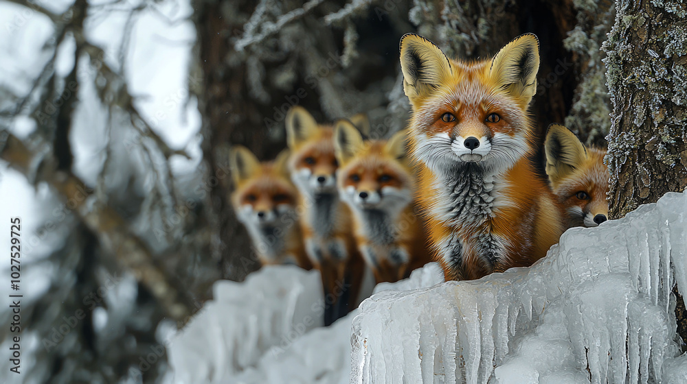 Fototapeta premium A family of red foxes peers out from behind a frozen waterfall, their fur blending with the snowy backdrop.